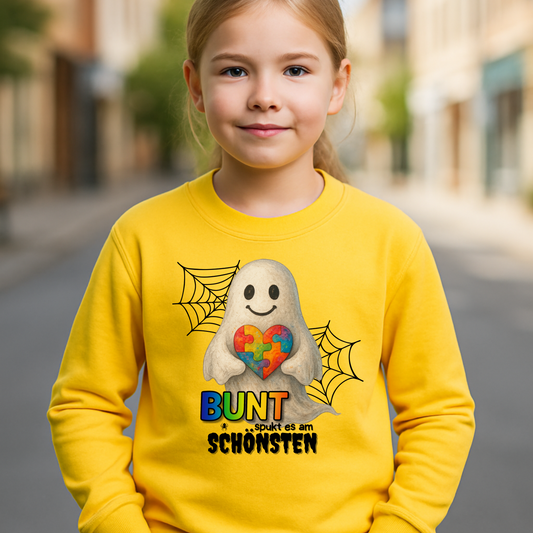 „Bunt spukt es am schönsten“ | Halloween Sweatshirt Pullover mit Regenbogen-Geist