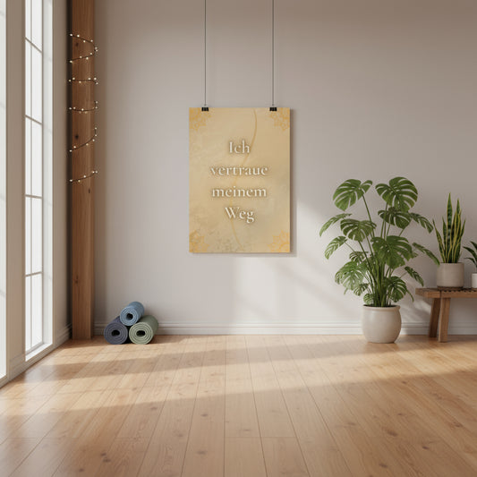 Poster in einem Yoga-Raum. auf diesem in zarten beige und baruntönen gehaltenen Poster sind zarte Linien und Mandalas zu erkennen und der Spruch: ich vertraue meinem Weg