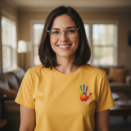 Gelbes Inklusions-Shirt mit farbigem Handabdruck, getragen von lächelnder Frau – Mode für Vielfalt, Akzeptanz und Zusammenhalt.