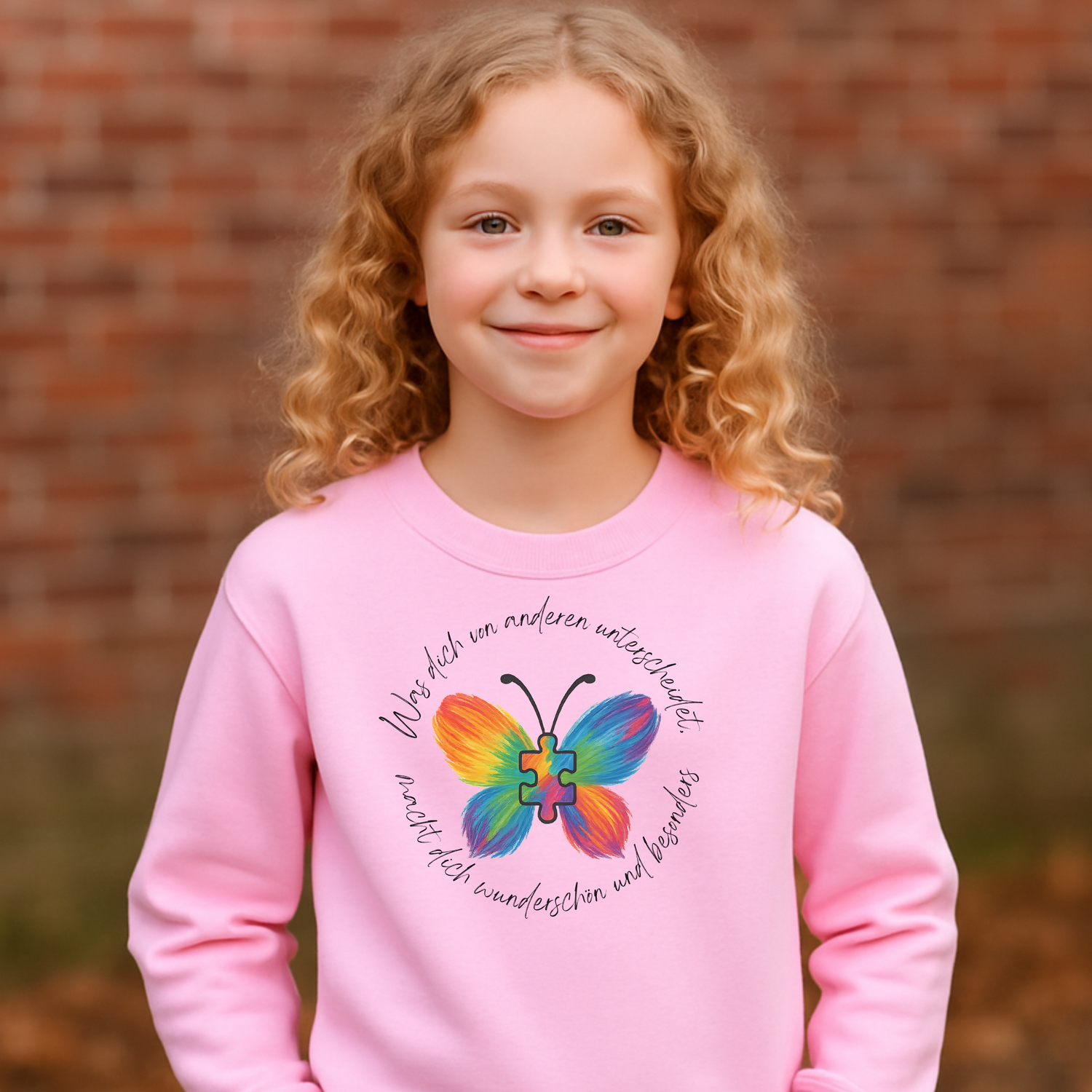 Lächelndes Mädchen trägt rosa Kinder Sweatshirt mit Regenbogen-Schmetterling und Spruch ‚Was dich von anderen unterscheidet, macht dich wunderschön und besonders‘ – Statement für Vielfalt & Inklusion.