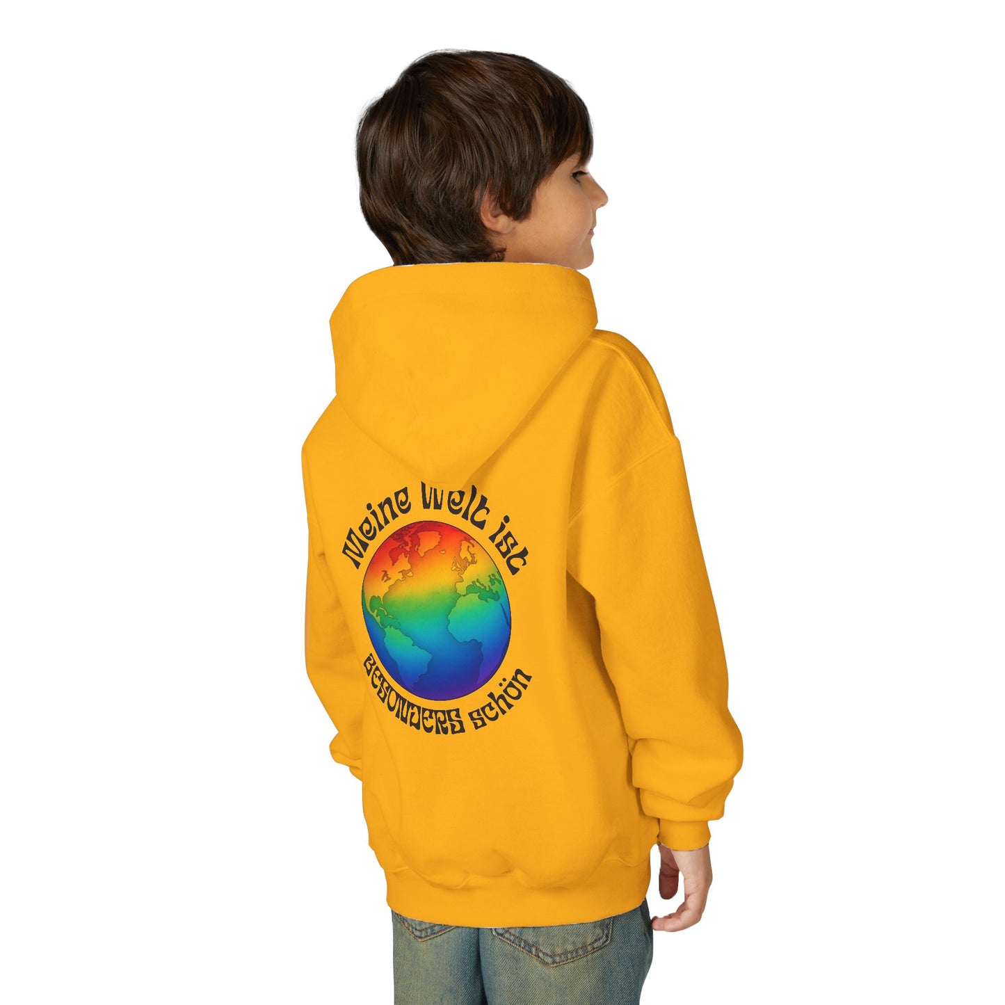Hoodie „Meine Welt ist besonders schön“ – Regenbogen-Weltkugel | Inklusion & Vielfalt