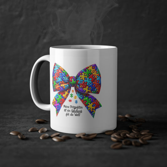 🌈🎀 Puzzle-Schleifen-Tasse – „Meine Perspektive ist ein Geschenk für die Welt“