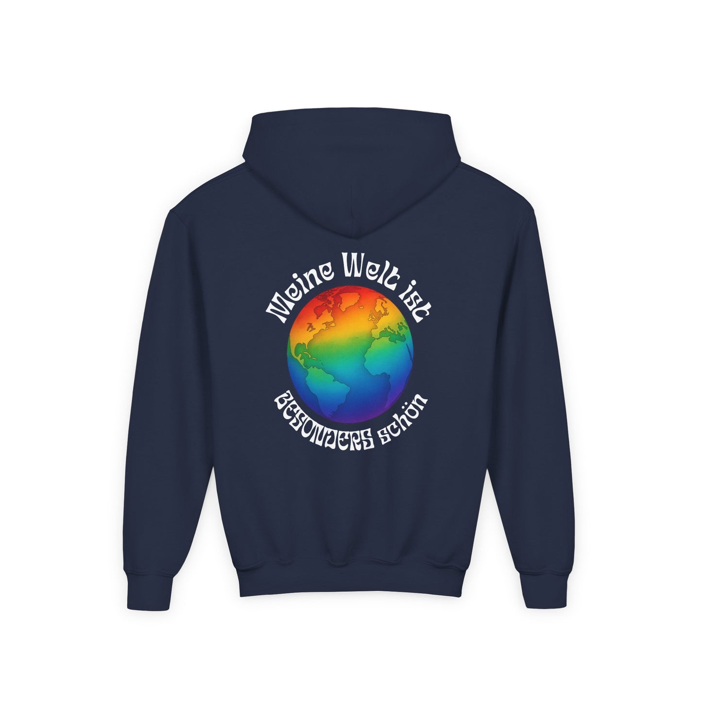 Hoodie „Meine Welt ist besonders schön“ – Regenbogen-Weltkugel | Inklusion & Vielfalt