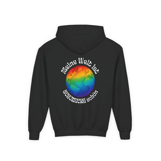 Hoodie „Meine Welt ist besonders schön“ – Regenbogen-Weltkugel | Inklusion & Vielfalt