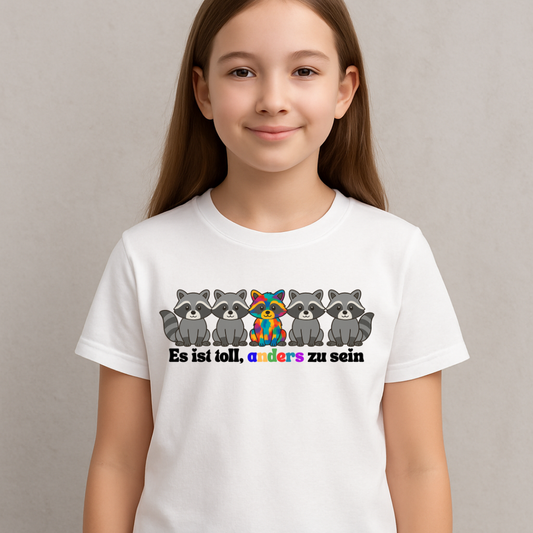 Kinder/ Teenie T-Shirt Es ist toll anders zu sein, Bunte Waschbären Edition 🦝