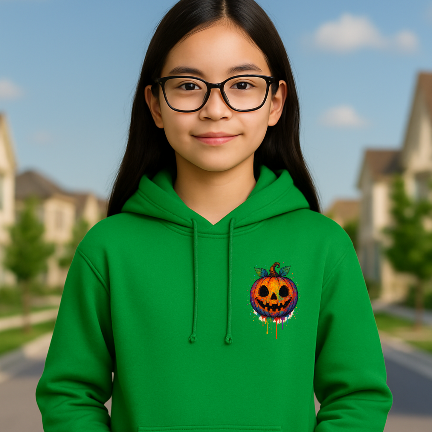 „Spooky & Bunt“ Kapuzenpullover Regenbogen-Kürbis