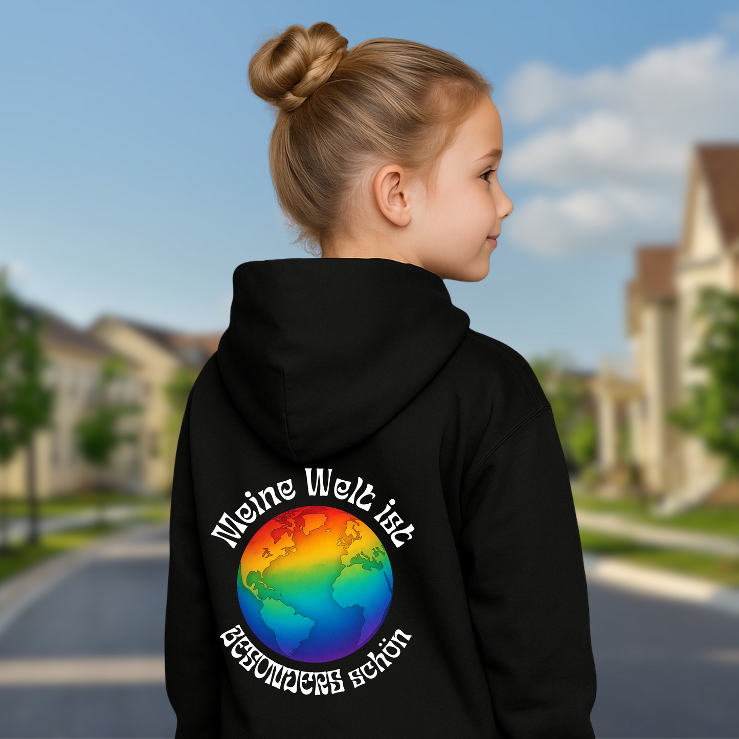 Hoodie „Meine Welt ist besonders schön“ – Regenbogen-Weltkugel | Inklusion & Vielfalt