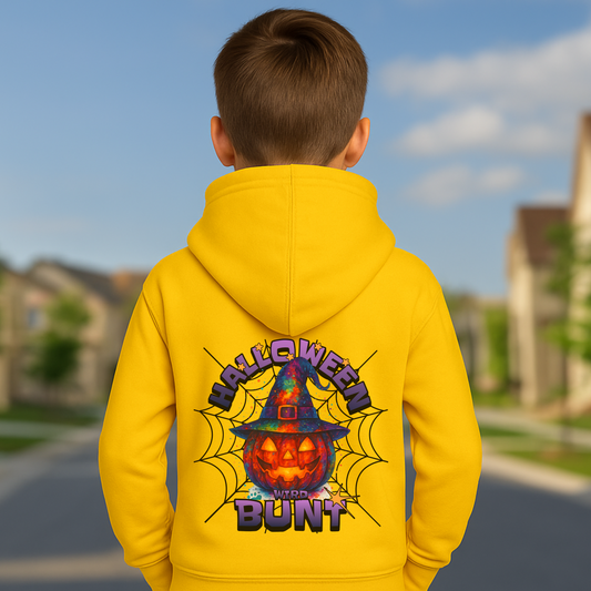 „Halloween wird bunt“ Kapuzenpullover- Buntes Inklusions-Design mit Kürbis & Hexenhut