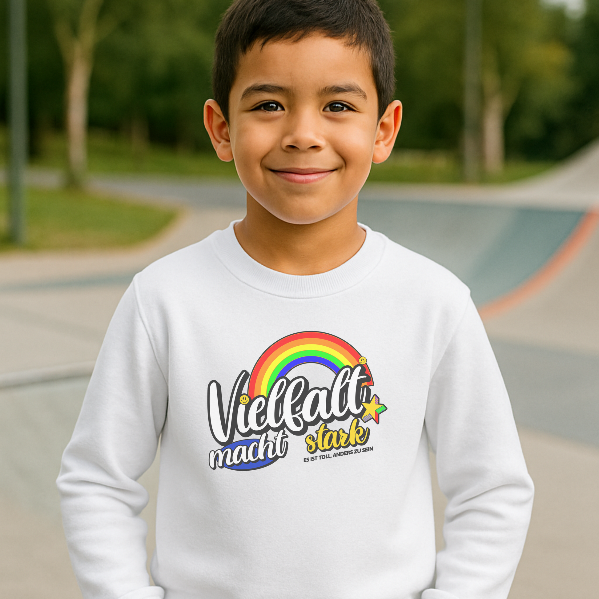 Kind trägt weißes Sweatshirt mit Regenbogen und Schriftzug ‚Vielfalt macht stark – Es ist toll anders zu sein‘. Inklusion und Selbstliebe Design für Kinder.