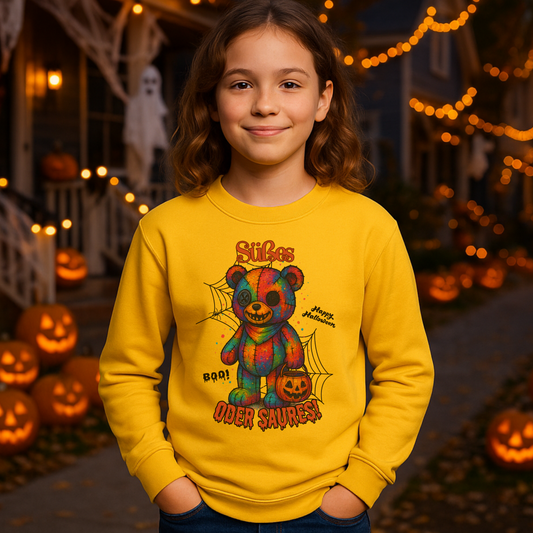 Kind trägt gelbes Halloween-Sweatshirt mit buntem Regenbogen-Teddy, Spinnennetzen und Kürbis. Aufschrift „Süßes oder Saures“. Inklusives, farbenfrohes Halloween-Design für Kinder und Teenager.