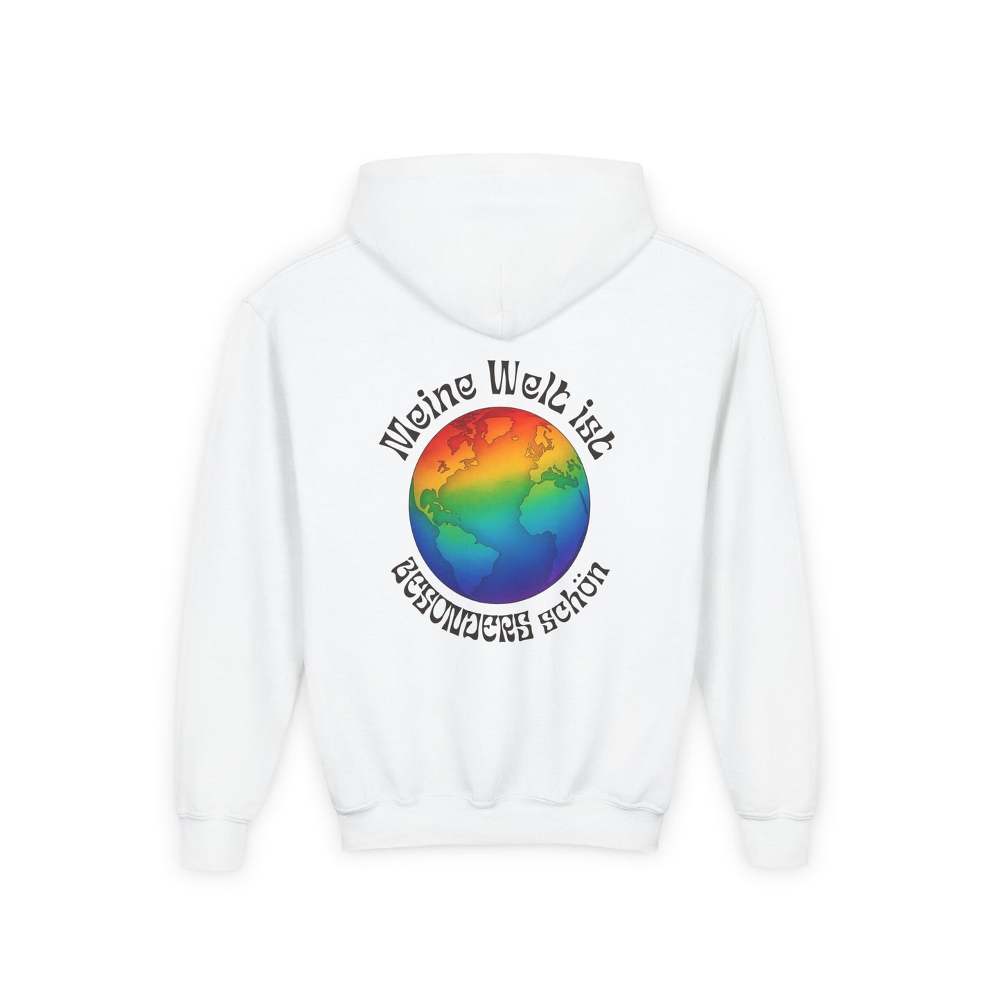 Hoodie „Meine Welt ist besonders schön“ – Regenbogen-Weltkugel | Inklusion & Vielfalt