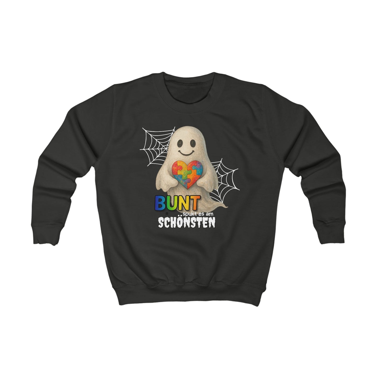 „Bunt spukt es am schönsten“ | Halloween Sweatshirt Pullover mit Regenbogen-Geist