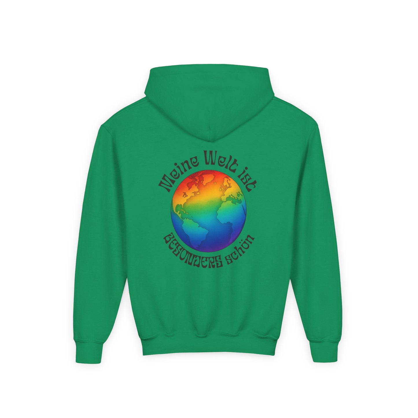 Hoodie „Meine Welt ist besonders schön“ – Regenbogen-Weltkugel | Inklusion & Vielfalt