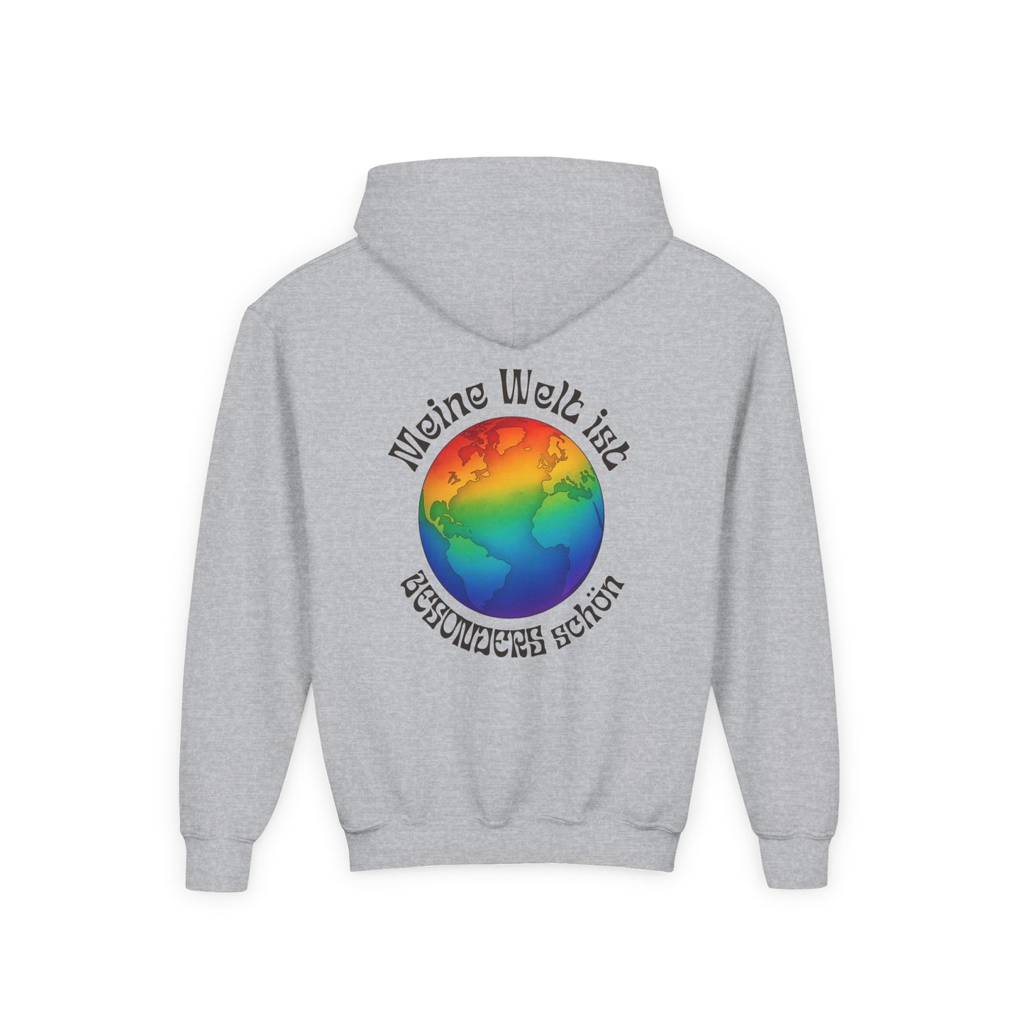 Hoodie „Meine Welt ist besonders schön“ – Regenbogen-Weltkugel | Inklusion & Vielfalt