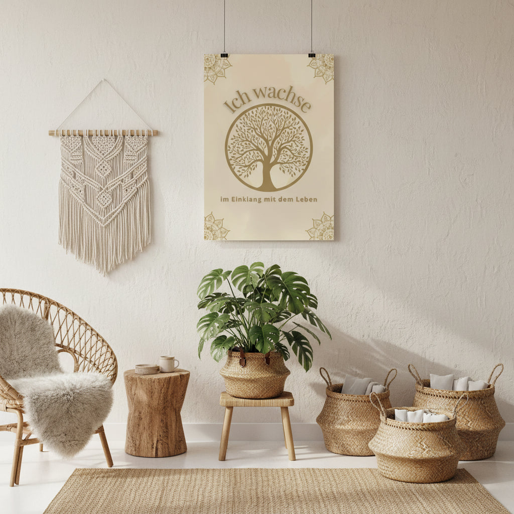 Gemütlicher Raum mit Körben und Pflanzen. An der Wand hängst das Affirmations-Poster mit einem Lebensbaum und dem Schriftzug Ich wachse- im Einklang mit dem Leben