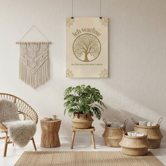 Gemütlicher Raum mit Körben und Pflanzen. An der Wand hängst das Affirmations-Poster mit einem Lebensbaum und dem Schriftzug Ich wachse- im Einklang mit dem Leben
