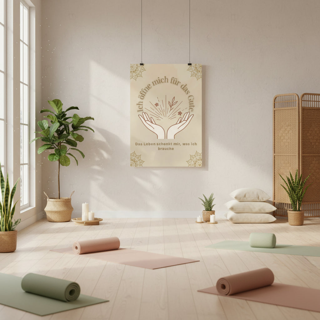 Affirmationsposter hängt an der Wand in einem Yoga Studio. Das Poster zeigt geöffnete Hände und die Worte- Ich öffne mich für das Gute- Das Leben schenkt mir was ich brauche