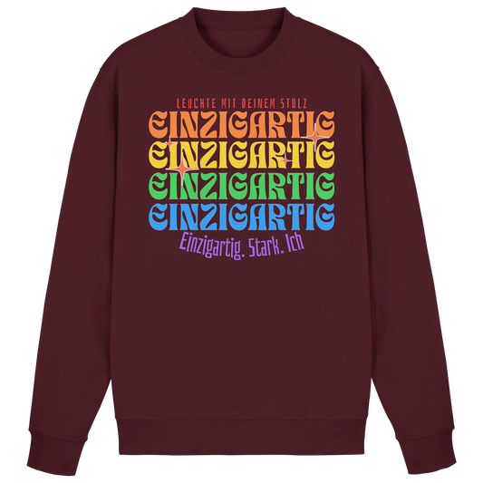 Bordeauxroter Unisex-Sweatshirt mit Regenbogenschrift „Einzigartig. Stark. Ich.“ – gemütlicher Pullover mit positiver Botschaft, ideal als Geschenk.
