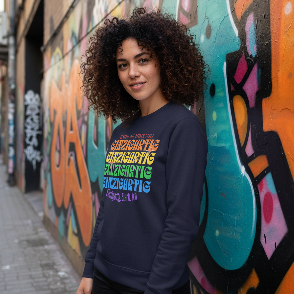 Frau mit lockigem Haar trägt dunkelblauen Pullover „Einzigartig. Stark. Ich.“ vor Graffiti-Hintergrund – bequemer Sweater mit Empowerment-Design.
