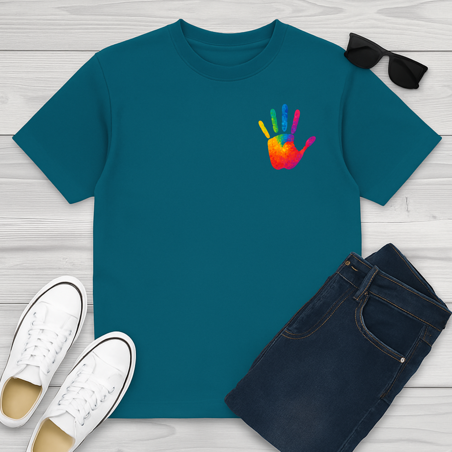 Unisex Erwachsenen-Shirt mit buntem Regenbogen-Handabdruck. Inklusion und Autismus Awareness Design, nachhaltig in Deutschland produziert