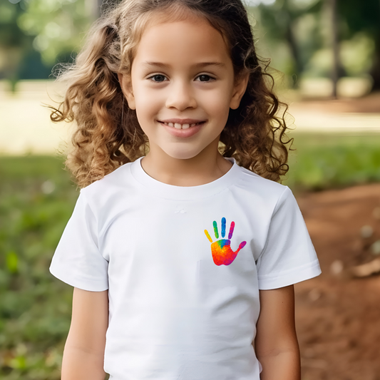 Inklusion Kinder Bio-Shirt – Bunter Handabdruck | Autismus Shirt für Kinder