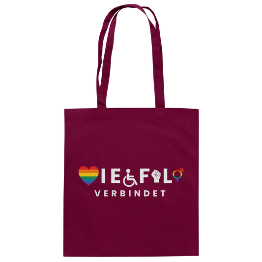 Bordeauxrote Baumwolltasche mit Aufdruck ‚Vielfalt verbindet‘, Regenbogen-Herz und Inklusionssymbolen. Nachhaltig in Deutschland produziert.
