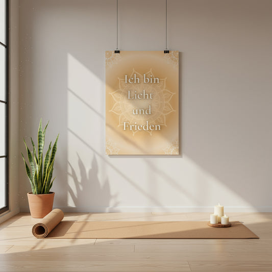 Poster in zarten gold und brauntönen mit dem Sat: Ich bin Licht und Frieden. Dargestellt an der Wand in einem Yoga-Bereich mit Yogamatte und Kerzen
