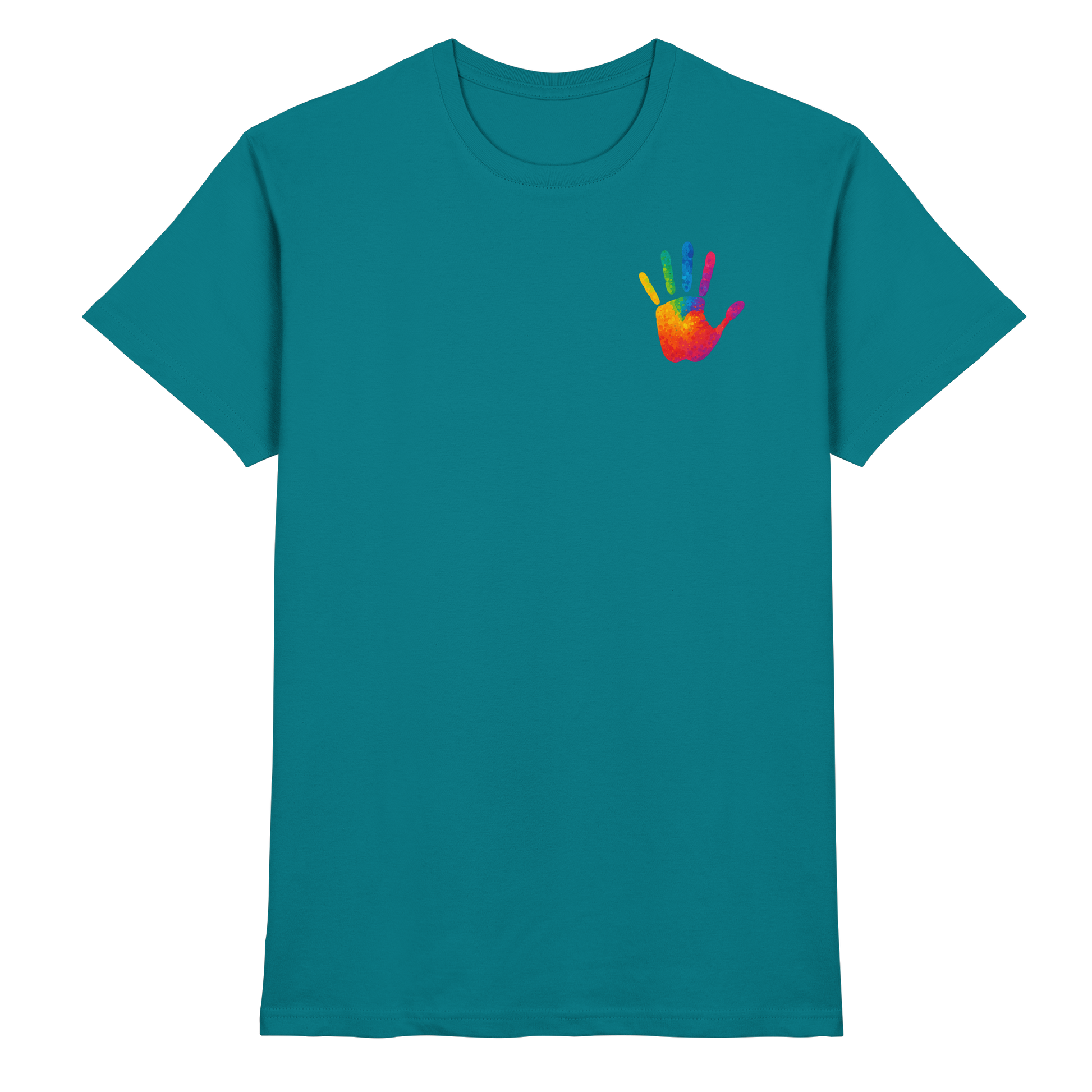 Freigestelltes türkisfarbenes T-Shirt mit Regenbogen-Handabdruck – modernes Unisex-Shirt für Inklusion und Vielfalt
