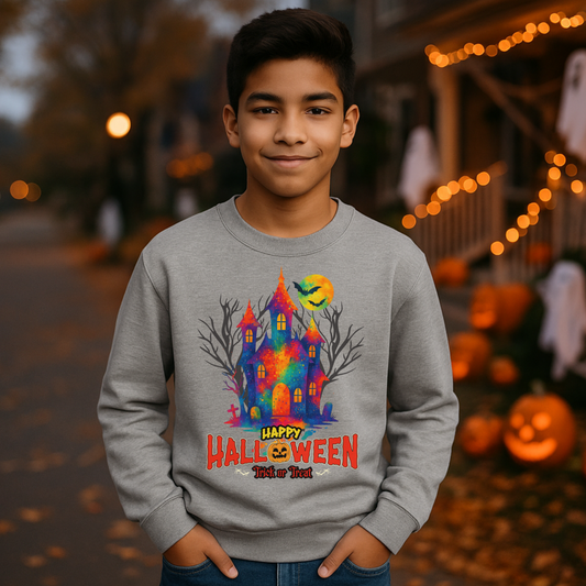 Kinder und Teenager Sweatshirt mit Regenbogen-Geisterhaus, Mond und Fledermäusen, Schriftzug ‚Happy Halloween – Trick or Treat‘ – Statement für Vielfalt & Inklusion