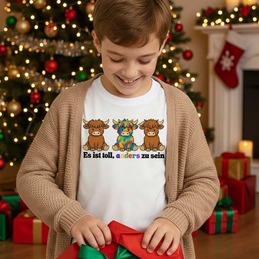 Junge trägt weißes Kinder T-Shirt ‚Es ist toll, anders zu sein‘. Drei Kühe, eine bunt gemustert, Symbol für Vielfalt, Inklusion & Einzigartigkeit.