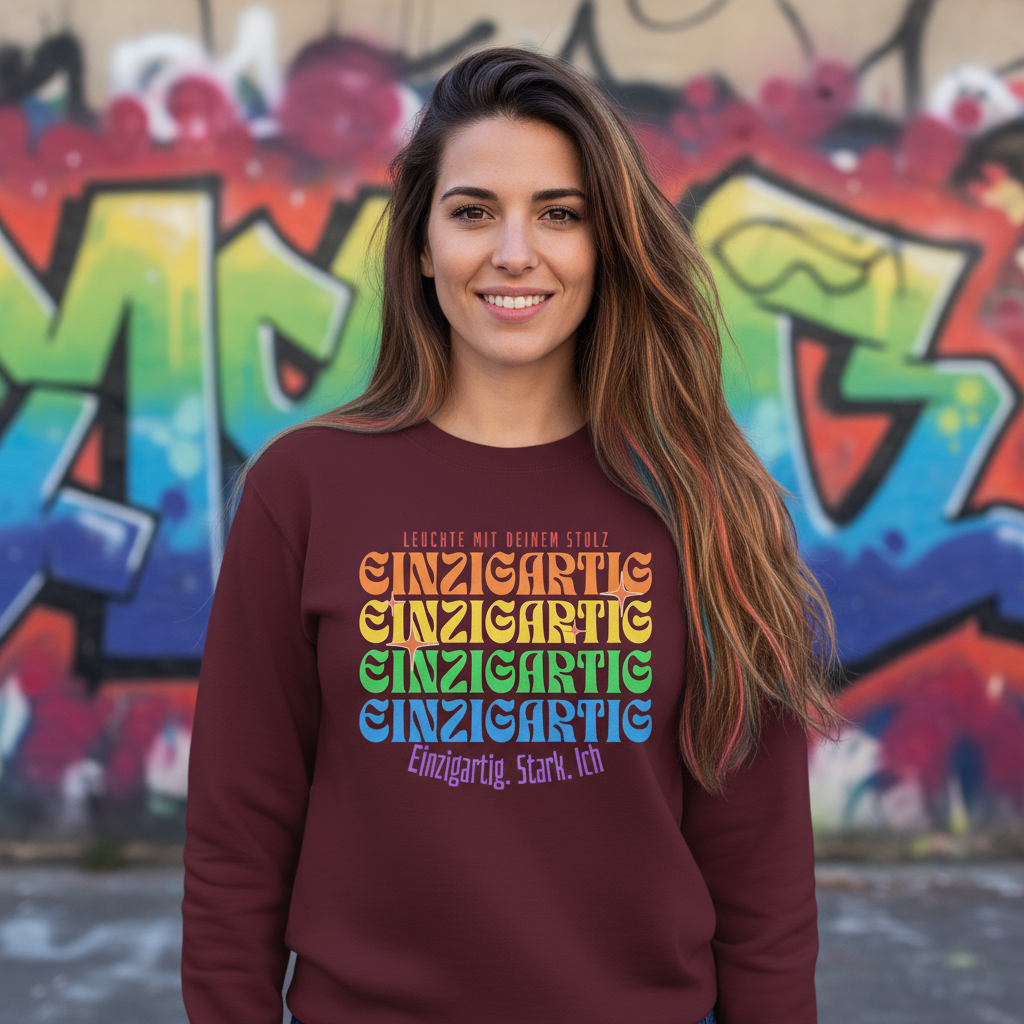 Frau trägt bordeauxfarbenen Pullover mit Regenbogenschrift „Einzigartig. Stark. Ich.“ vor bunter Wand – inspirierendes Statement-Sweatshirt für Herbst und Winter.