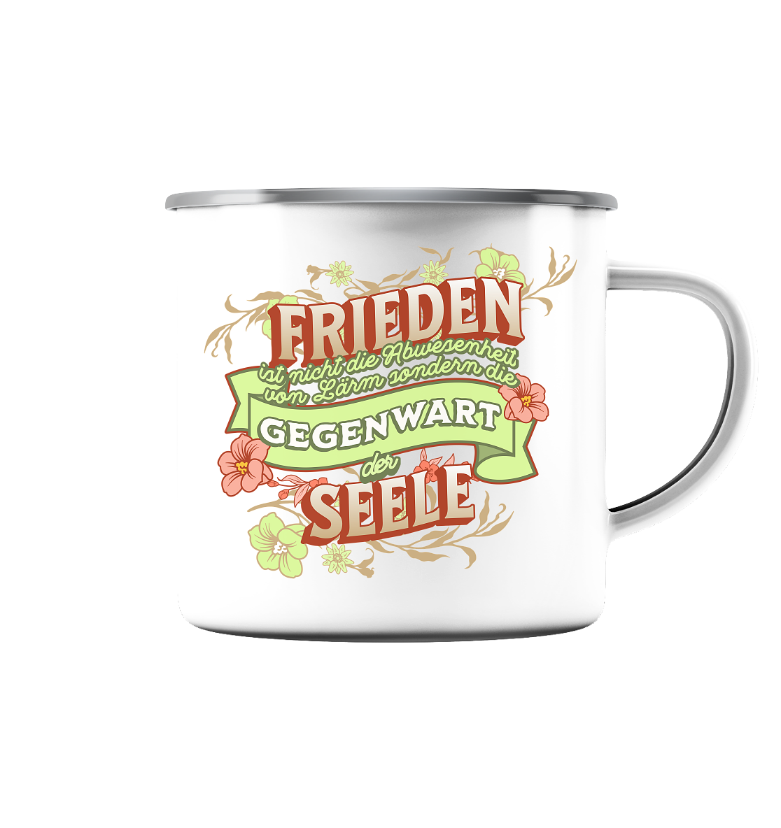 Frieden- Die Gegenwart der Seele / Spirituelle Emaille Tasse (Silber)