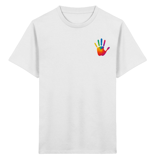 Inklusion Kinder Bio-Shirt – Bunter Handabdruck | Autismus Shirt für Kinder
