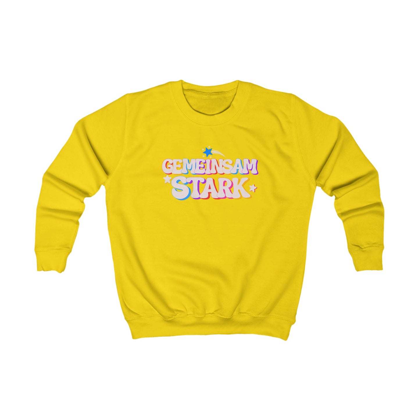 Gelbes Sweatshirt ‚Gemeinsam stark‘ für Kinder. Buntes Motiv feiert Zusammenhalt, Vielfalt & Freude am Anderssein.