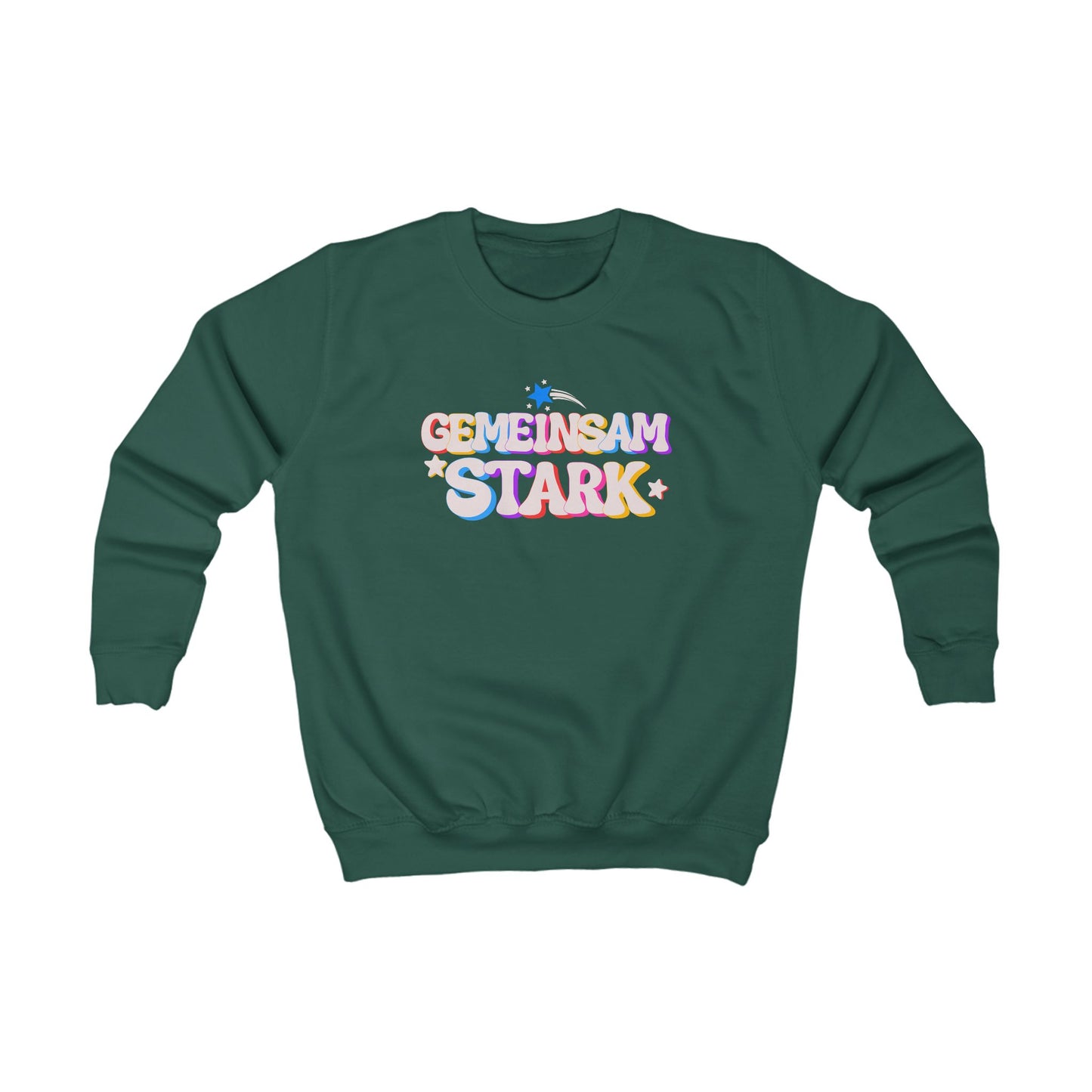 Dunkelgrünes Sweatshirt ‚Gemeinsam stark‘ für Kinder & Teenager. Buntes Design als Symbol für Zusammenhalt, Stärke & Vielfalt.