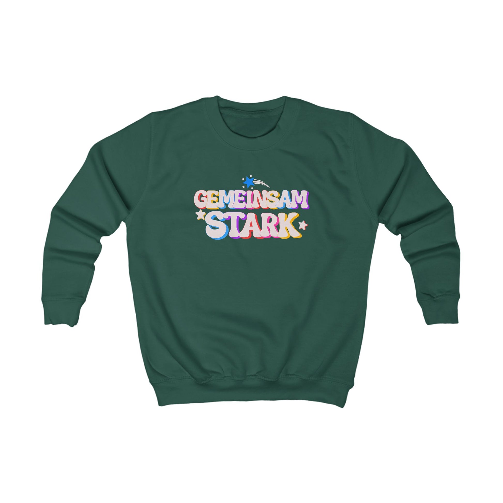 Dunkelgrünes Sweatshirt ‚Gemeinsam stark‘ für Kinder & Teenager. Buntes Design als Symbol für Zusammenhalt, Stärke & Vielfalt.