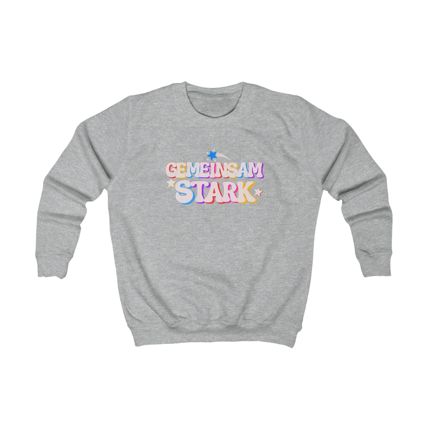 Graues Kinder & Teenager Sweatshirt ‚Gemeinsam stark‘. Farbenfrohes Motiv für Vielfalt, Zusammenhalt & starke Botschaften.