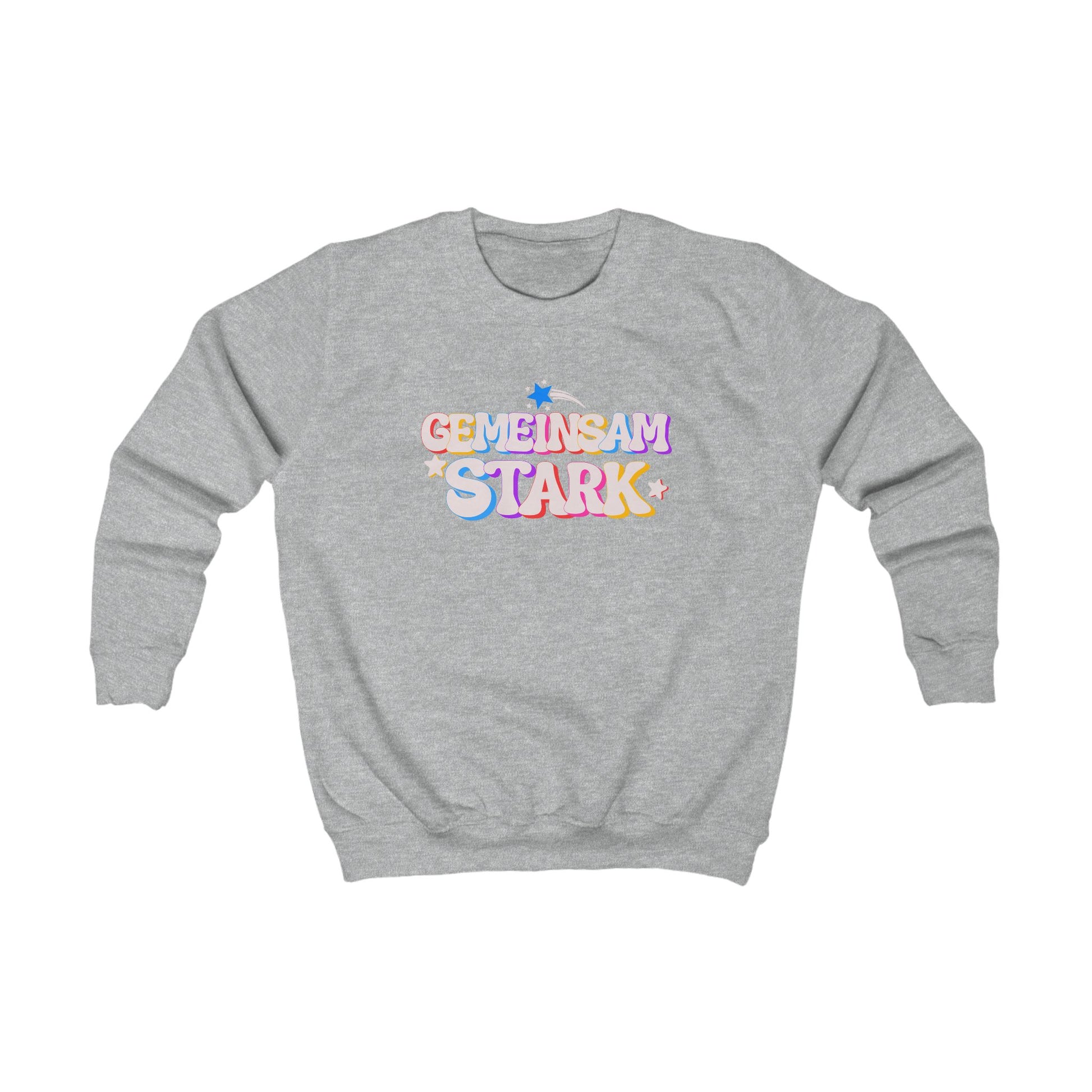 Graues Kinder & Teenager Sweatshirt ‚Gemeinsam stark‘. Farbenfrohes Motiv für Vielfalt, Zusammenhalt & starke Botschaften.
