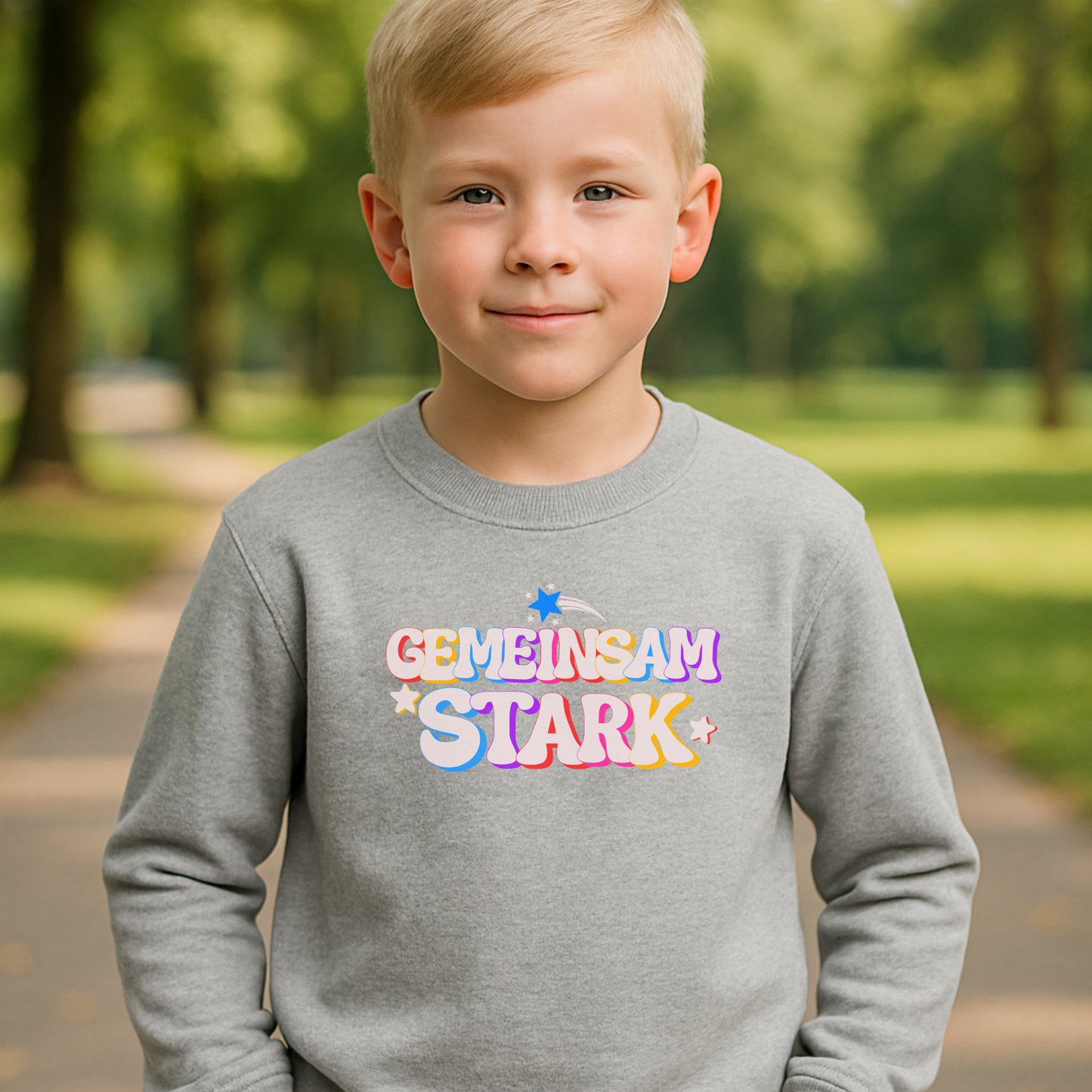 Junge trägt graues Kinder Sweatshirt ‚Gemeinsam stark‘. Buntes Design mit Sternchen – Statement für Zusammenhalt, Vielfalt & Inklusion.“