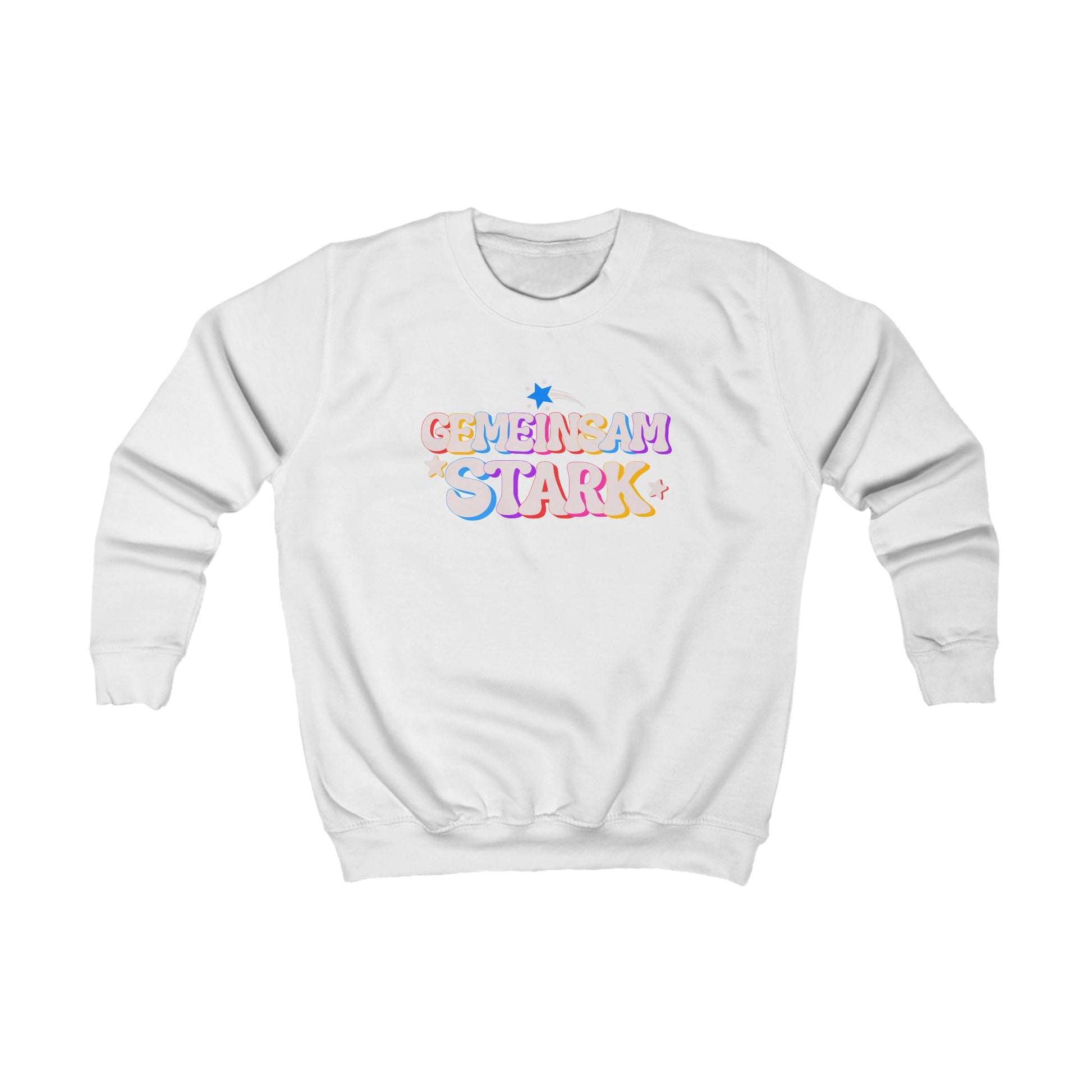 Weißes Kinder & Teenager Sweatshirt ‚Gemeinsam stark‘. Buntes Motiv, fröhliches Statement für Freundschaft, Vielfalt & Einzigartigkeit.
