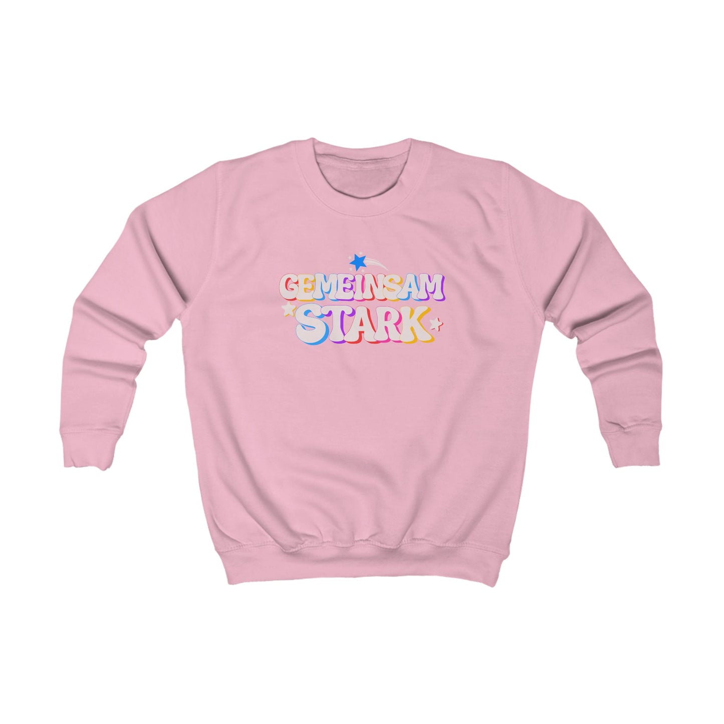 Rosa Kinder Sweatshirt ‚Gemeinsam stark‘. Buntes Design mit Sternchen – stärkt Gemeinschaftsgefühl & Selbstvertrauen.