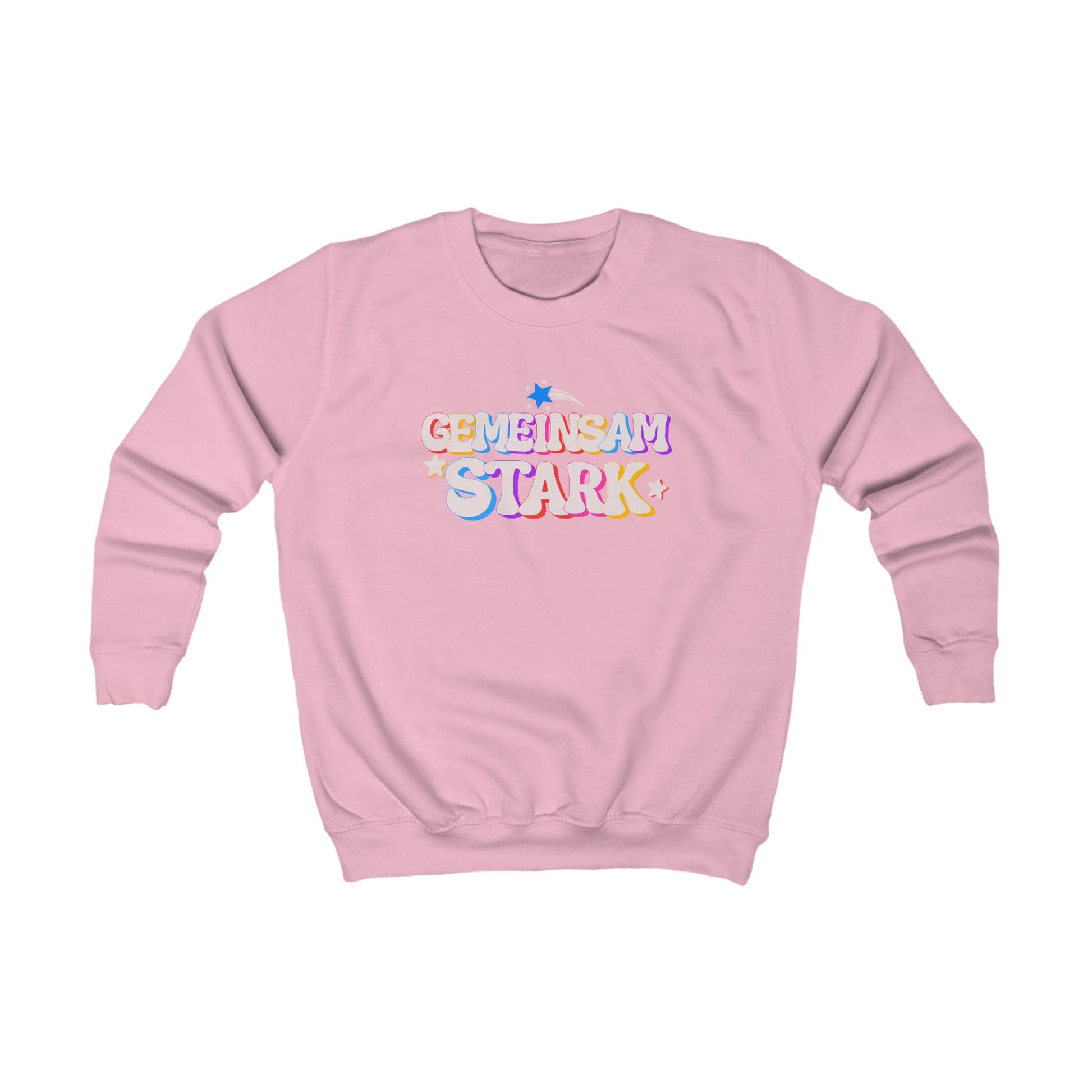 Rosa Kinder Sweatshirt ‚Gemeinsam stark‘. Buntes Design mit Sternchen – stärkt Gemeinschaftsgefühl & Selbstvertrauen.