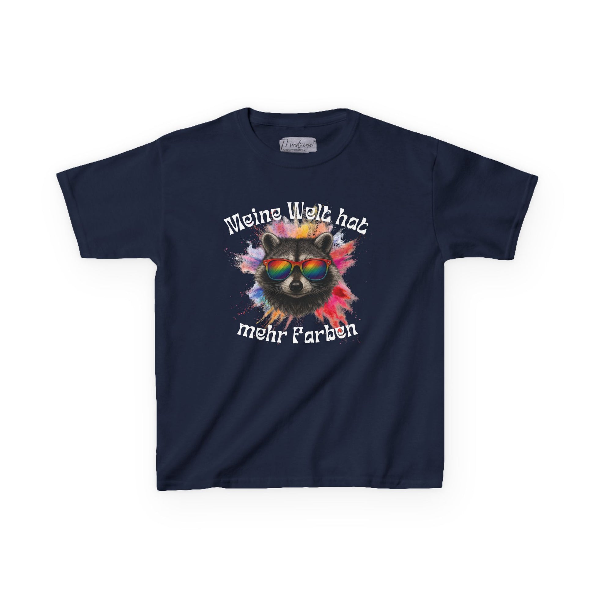 Navyblaues Kinder T-Shirt ‚Meine Welt hat mehr Farben‘ mit buntem Waschbär. Weich, robust & Statement für Einzigartigkeit & Selbstvertrauen.