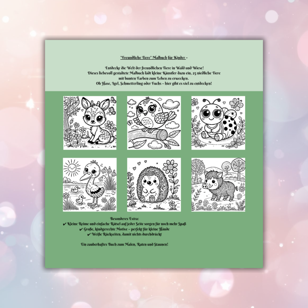 Freundliche Tiere – Wald & Wiese 🦊🌿
Ein zauberhaftes Malbuch mit Reimen & Rätseln für Kinder