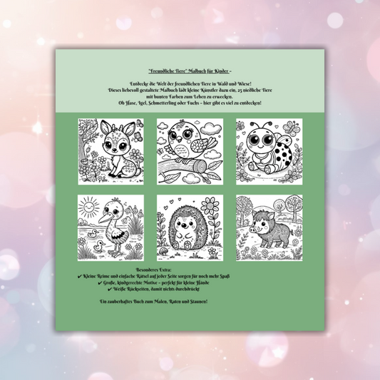 Freundliche Tiere – Wald & Wiese 🦊🌿
Ein zauberhaftes Malbuch mit Reimen & Rätseln für Kinder