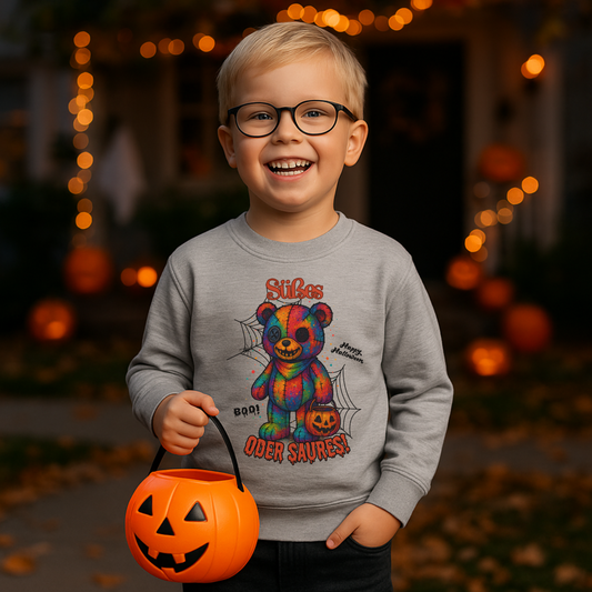 „Süßes oder Saures“ | Bunter Halloween-Teddy mit Kürbis - Kids Basic Sweatshirt