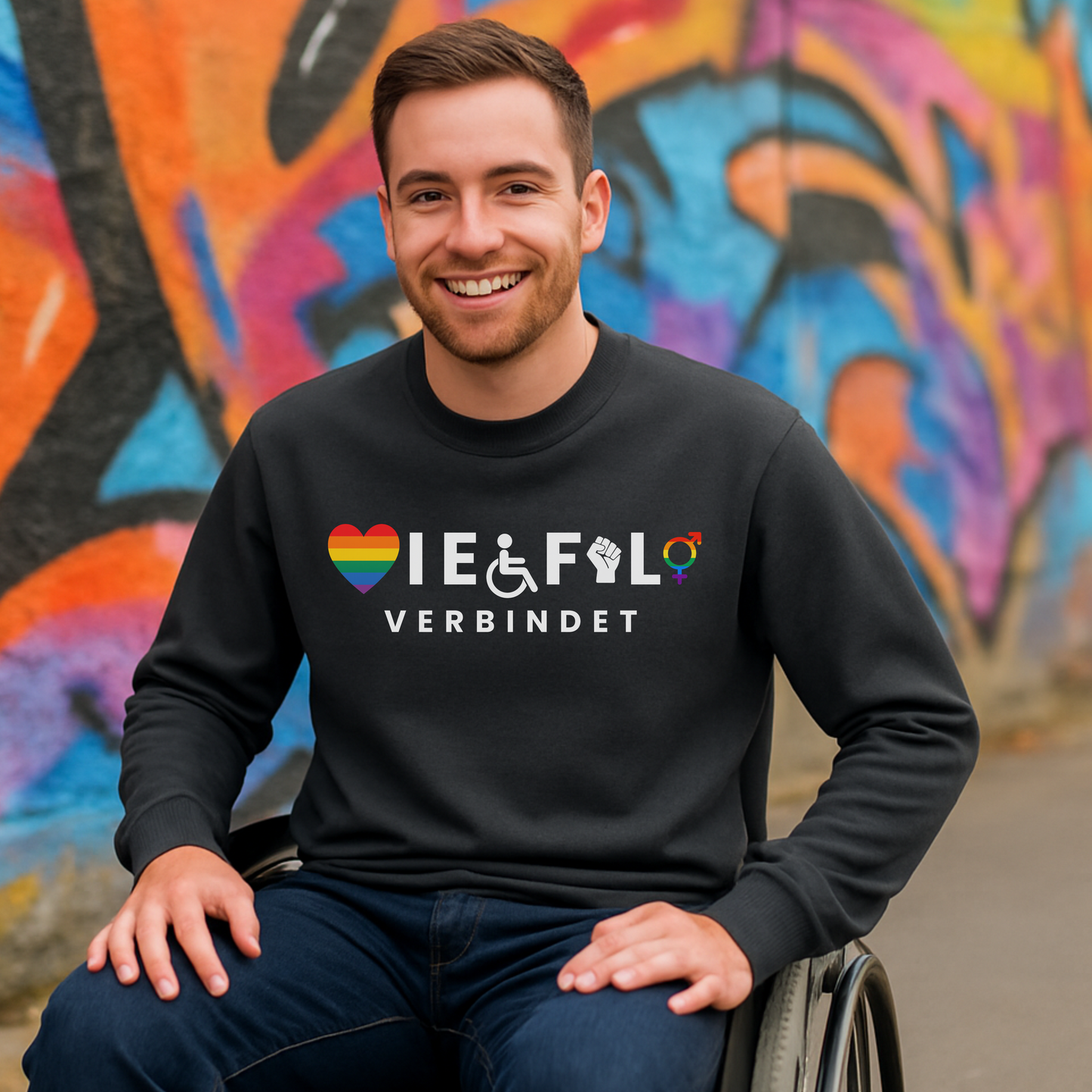 Lächelnder Mann im Rollstuhl trägt schwarzen Pullover mit Aufdruck Vielfalt verbindet. Das Design zeigt Symbole für Liebe, Inklusion, Gleichberechtigung und Diversität in Regenbogenfarben.