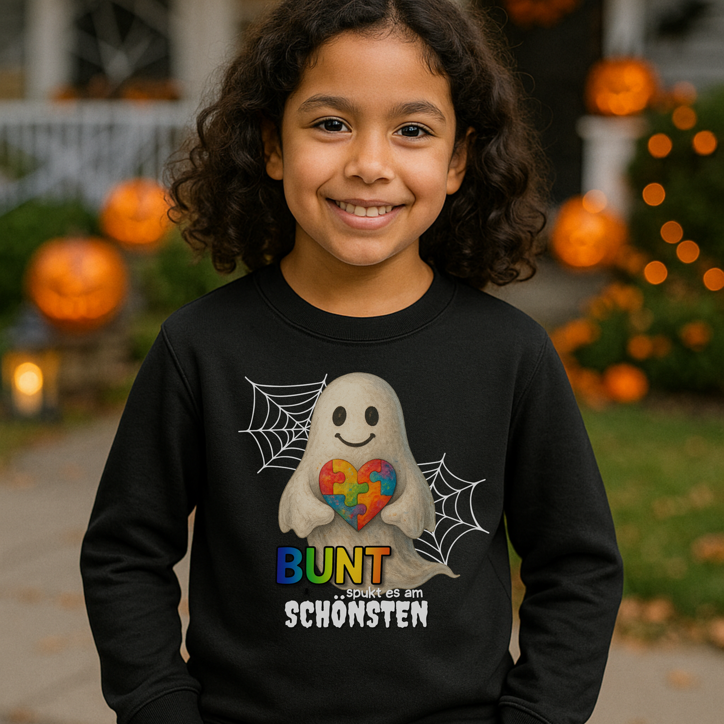 „Bunt spukt es am schönsten“ | Halloween Sweatshirt Pullover mit Regenbogen-Geist