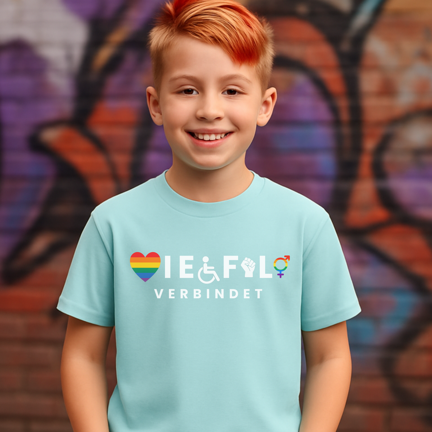 Kinder T-Shirt Vielfalt verbindet in Hellblau – Statement Shirt mit Symbolen für Inklusion, Autismus, Gleichberechtigung & Diversität. Perfekt für Jungen & Mädchen.